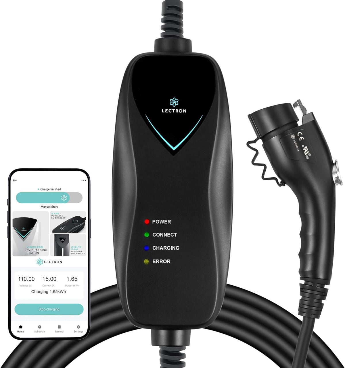 Lectron Level 1 J1772 Charger (WiFi Version) - 110V, 15 Amp, NEMA 5-15 Plug, 16 ft Extension Cord - Portable Electric Car Charger for J1772 Evs