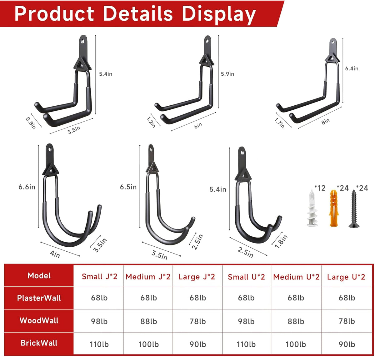 12 Pack Garage Hooks,Detachable Garage Storage Hooks Steel Heavy Duty Utility Garage Wall Mount Hooks with Anti-Slip Coating for Hanging Bike,Ladder and Garden Tools.