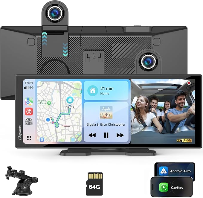 Carpuride Carplay Screen for Car with 4K Front Cam 11.26" Portable Car Play Touchscreen Wireless Carplay & Android Auto, Loop Recording, Voice Control, GPS Navigation, Mirror Link, No Backup Camera