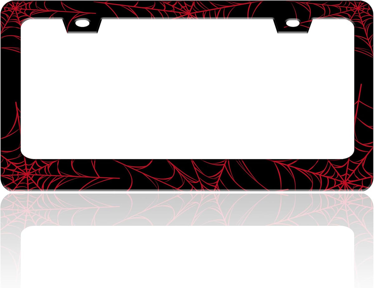 Red Spider Web License Plate Frame Funny Cobweb Stainless Steel License Plate Holder for Front or Rear Car Tags for Car Decoration Accessories with Screws 6.3 X 12.2 in for Women Men