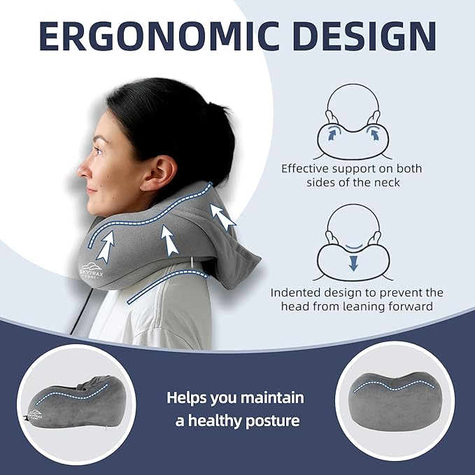 Travel Pillow with Extra Large Hood for Airplane Long Flights Privacy and Comfort Memory Foam with Velvet Cover for Road Trip Head&Neck Support for Plane Office Cars Sleeping & Rest (Light Grey)