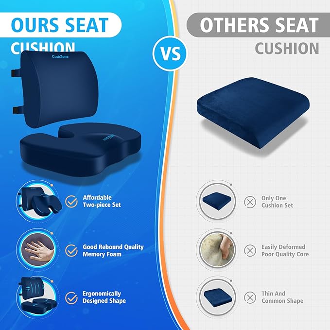 Seat Cushion, Lumbar Support Pillow with Adjustable Strap-Chair Cushions for Sciatica Pain Relief-with Washable Cover Memory Foam for Car, Travel and Wheelchair-Blue