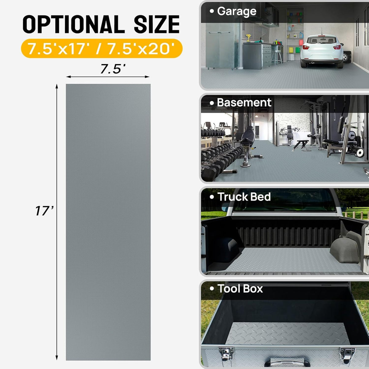 Bonnlo 7.5x20 FT Garage Floor Mat for Under Car,Thickened PVC Roll Floor mats，Waterproof Non Slip Parking Mat,Gray