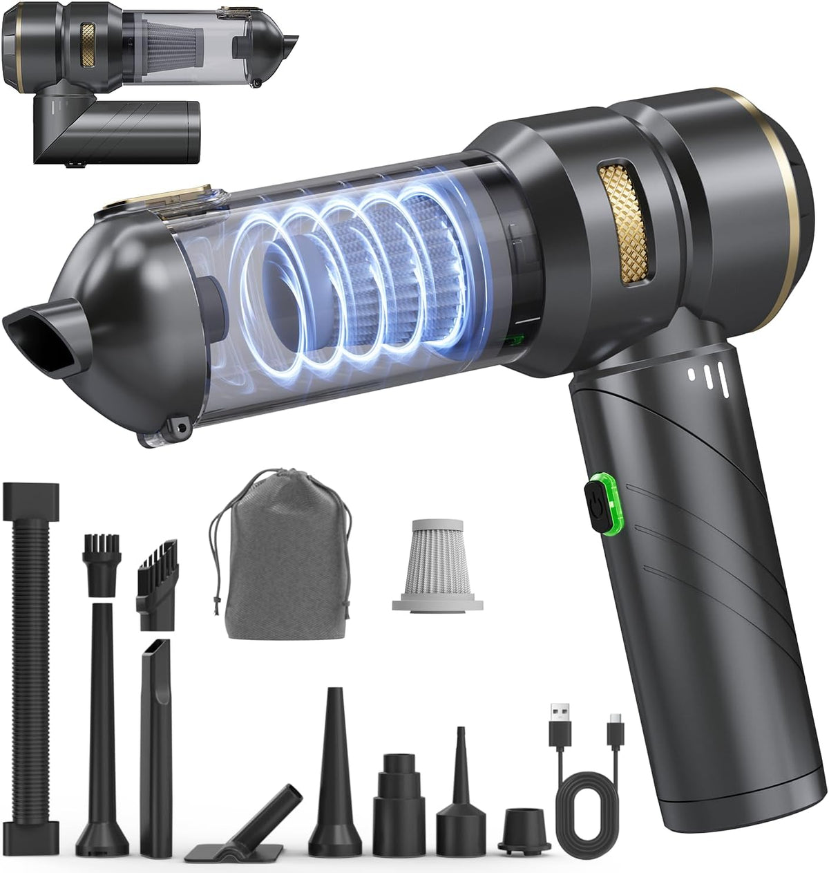 Car Vacuum Portable Cordless, Foldable Handheld Vacuum with Brushless Motor, 22000PA High Power Mini Hand Vacuum Cleaner & Air Blower & Duster & Pump for Home, Pet, Office