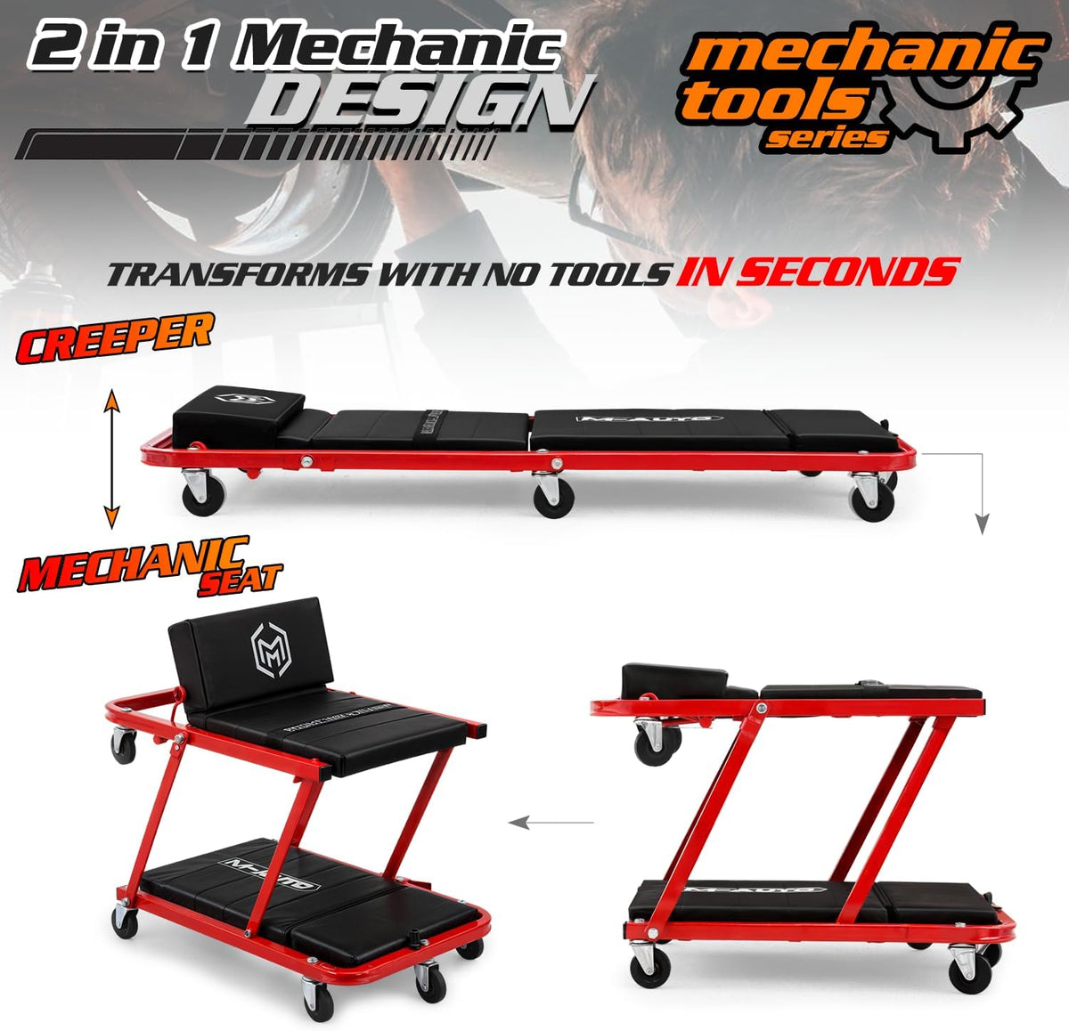 M-AUTO Heavy-Duty Convertible Mechanic Creeper, Z-Creeper 2-in-1 Creeper and Seat 48" Padded Adjustable Headrest Roller Garage Chair with 7 Swivel Casters for Washing, Detailing, Maintenance, Red