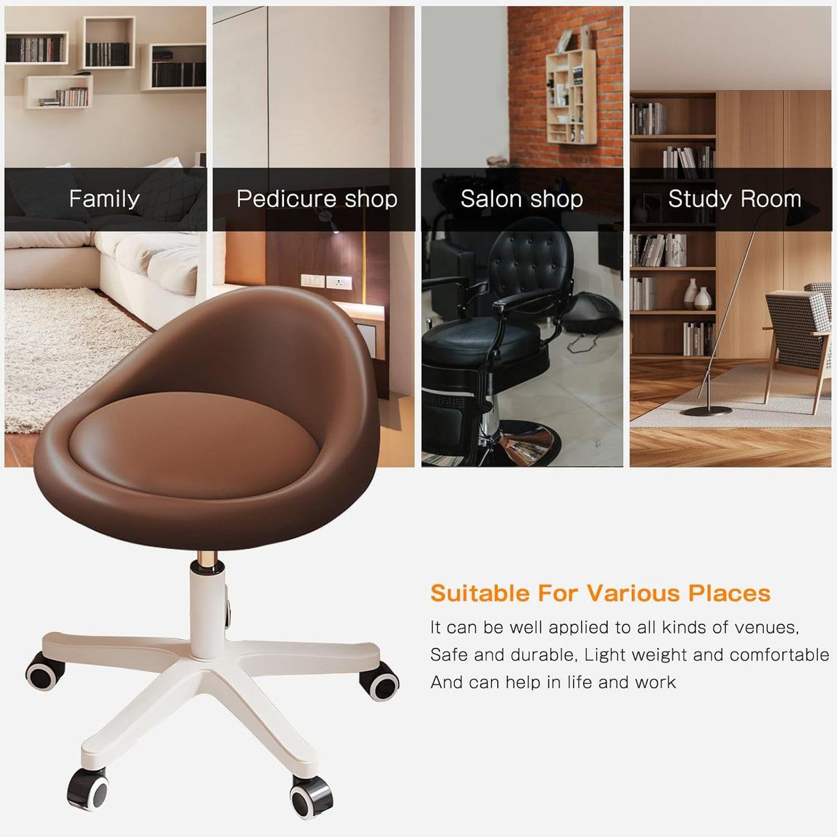 Rolling Stool Set of 2 Rolling Hydraulic Salon Stool with Low Backrest - Adjustable Swivel Chair for SPA, Shop, Salon, Massage, or Medical Office Brown