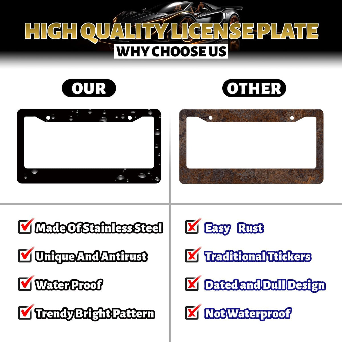 Black White Cherry Blossom License Plate Frame Butterfly Flower License Plate Holder Stainless Steel Car Accessories Decoration 6.3"X12.3" with 2 Holes Screws