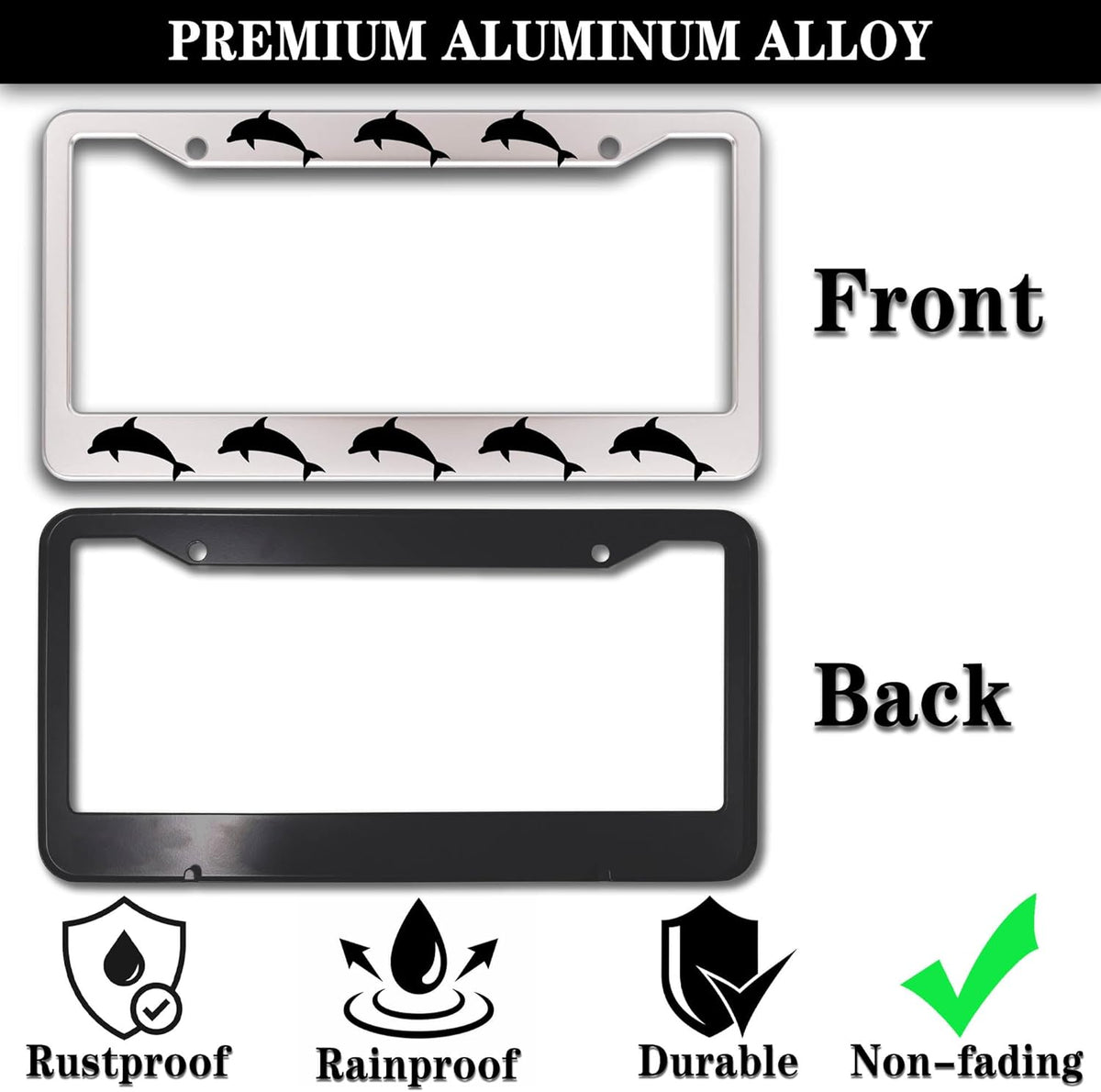 License Plate Frames for Women Black and White License Plate Protector for Men Dolphin Universal Aluminum Car Accessory 2 Pack with Screw Covers Set