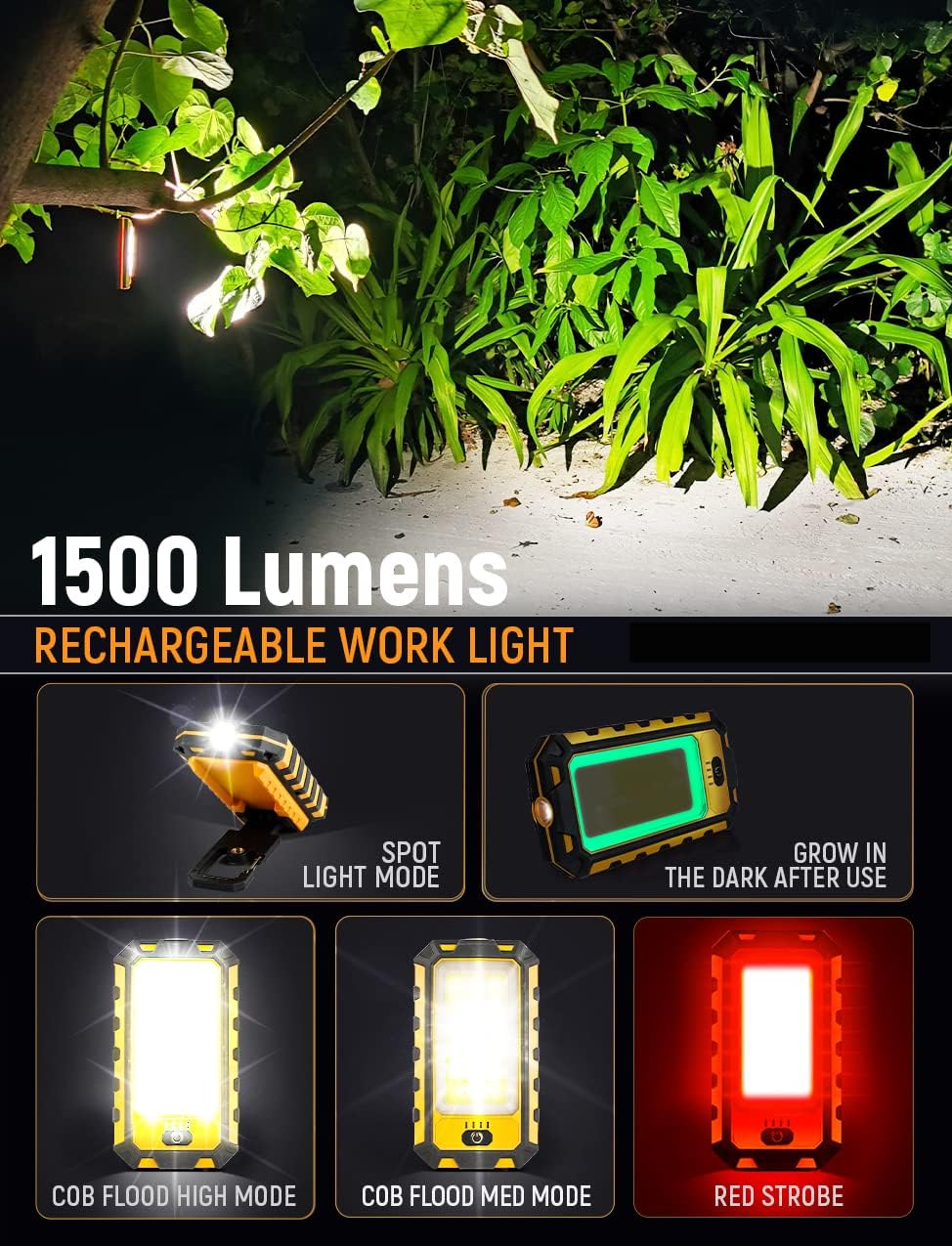 LED Rechargeable Magnetic Work Light 40W 1500Lumens, Hanging Hook 4 Lighting Modes, Job Site Lighting for Car Repairing, Camping, Hunting, and Hurricane(Orange)