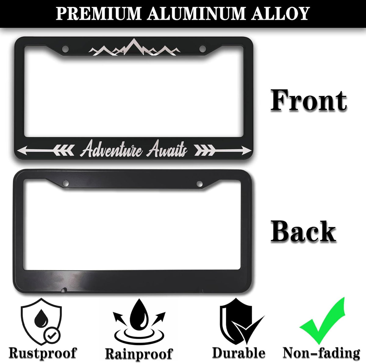License Plate Frames Black and White Custom License Plate Frame Adventure Awaits Aluminum Metal Car Accessory 2 Pack with Screw Covers Set
