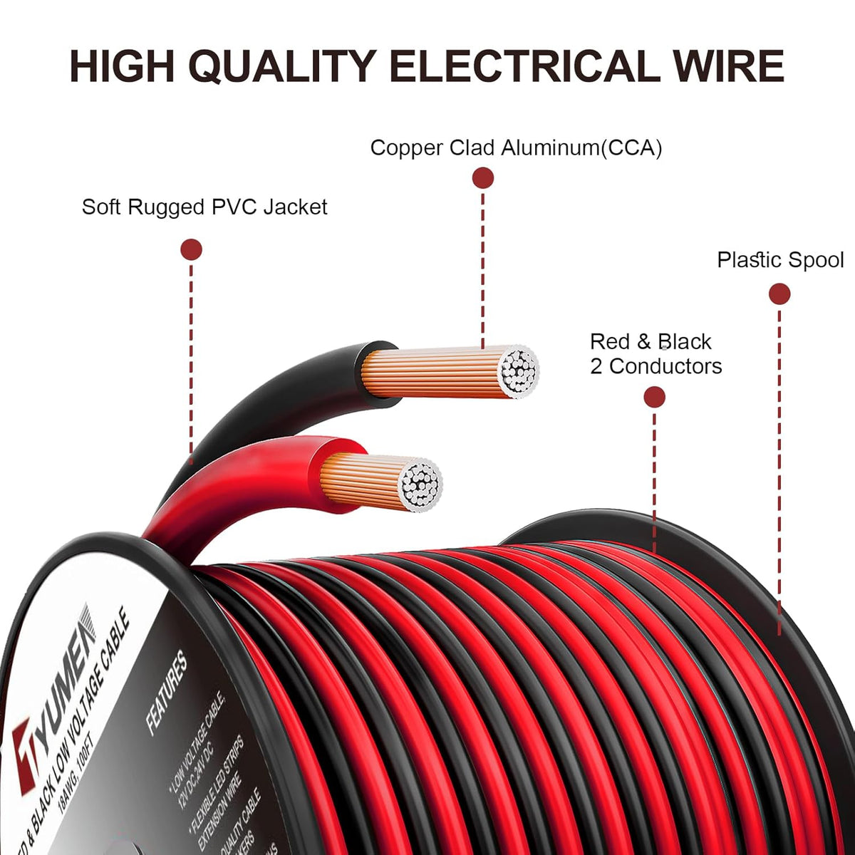 10 Gauge Wire 50FT, 10AWG Red Black Electrical Wire LED Strips Extension Cord 12V/24V DC Cable, 10 AWG 2 Conductors Flexible Low Voltage Wire for in-Home, Autos, Speaker use