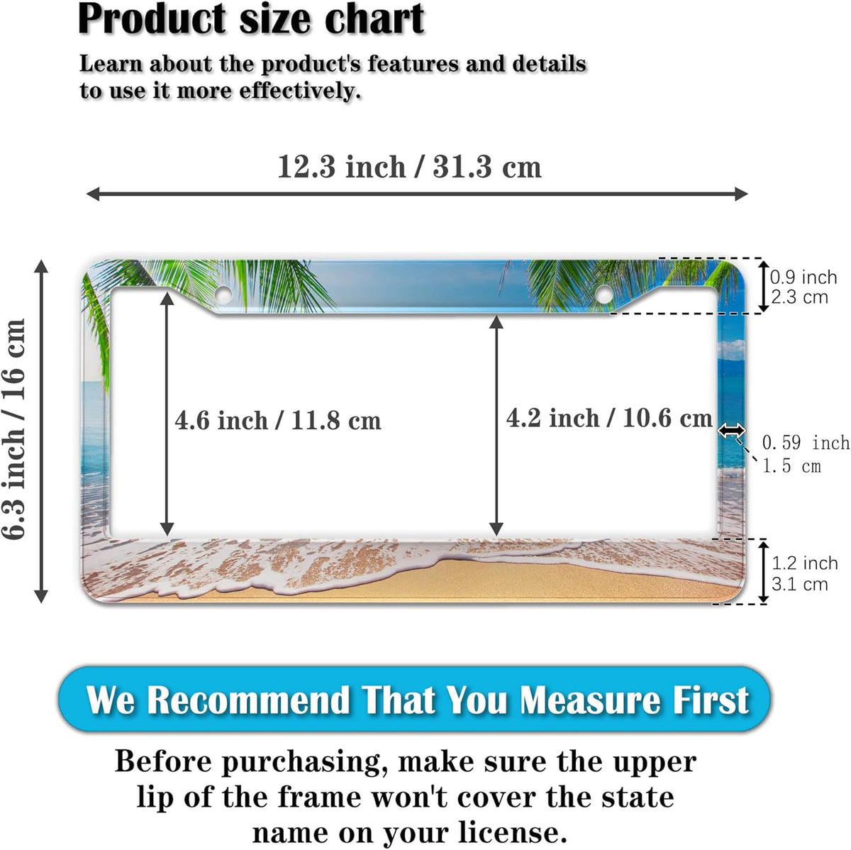 License Plate Frame Multicolor License Plate Holder Palm Trees with Tropical Ocean Beach Scene Aluminum Metal Car Accessory 2 Pack with Screw Covers Set