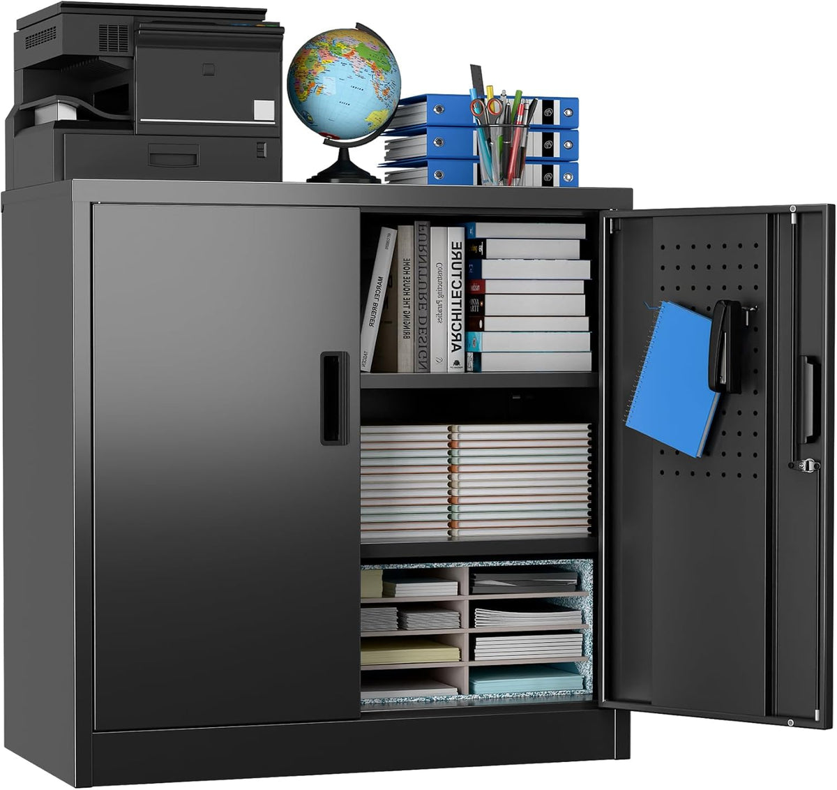 Metal Storage Cabinet with Pegboard 31.5”H×31.5”W×16.5”D, Lockable Rolling Steel Storage Cabinet with 2 Adjustable Shelves and Door for Garage, Office, Kitchen, Assembly Required(Black)