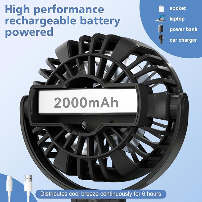 Mini Portable Baby Stroller Fan,3 Speed Personal Handheld Fan,Battery Operated Rechargeable 360° Flexible Tripod Cooling Fan, Suitable for Car Seat Crib Treadmill Golf Cart Travel(Black)