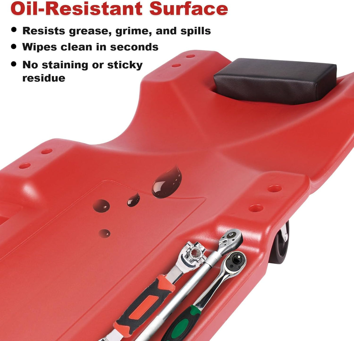 Mechanic Creeper - 40 Inch Rolling Garage Creeper with Padded Headrest and Dual Tool Trays - Low Profile Design for Under Car Repairs - Heavy-Duty Frame 500lb Capacity Red