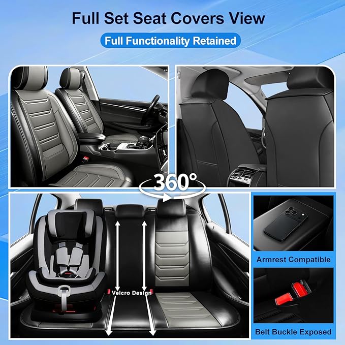 Fit Insight Car Seat Covers for Honda Insight 2010-2022 Premium Leather, Airbag Compatible, Scratch-Resistant, Waterproof All Weather Seat Protector, Airbag Compatible, Front Pair Black+Gray