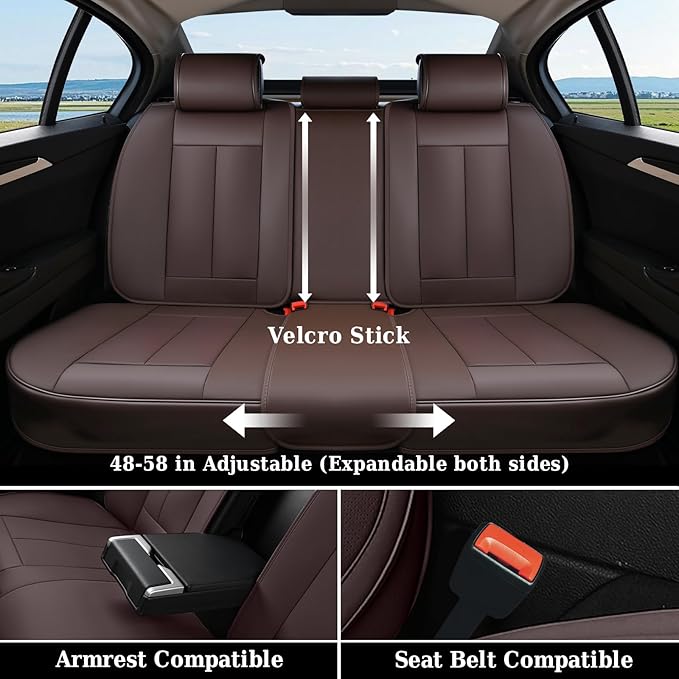 Coverado Rear Seat Covers for Cars, Brown Back Seat Protector, Back Seat Cover for Kids, 3-Pieces Waterproof Car Seat Cushion Nappa Leather Seat Cover for Back Seat Universal Fit for Most Cars