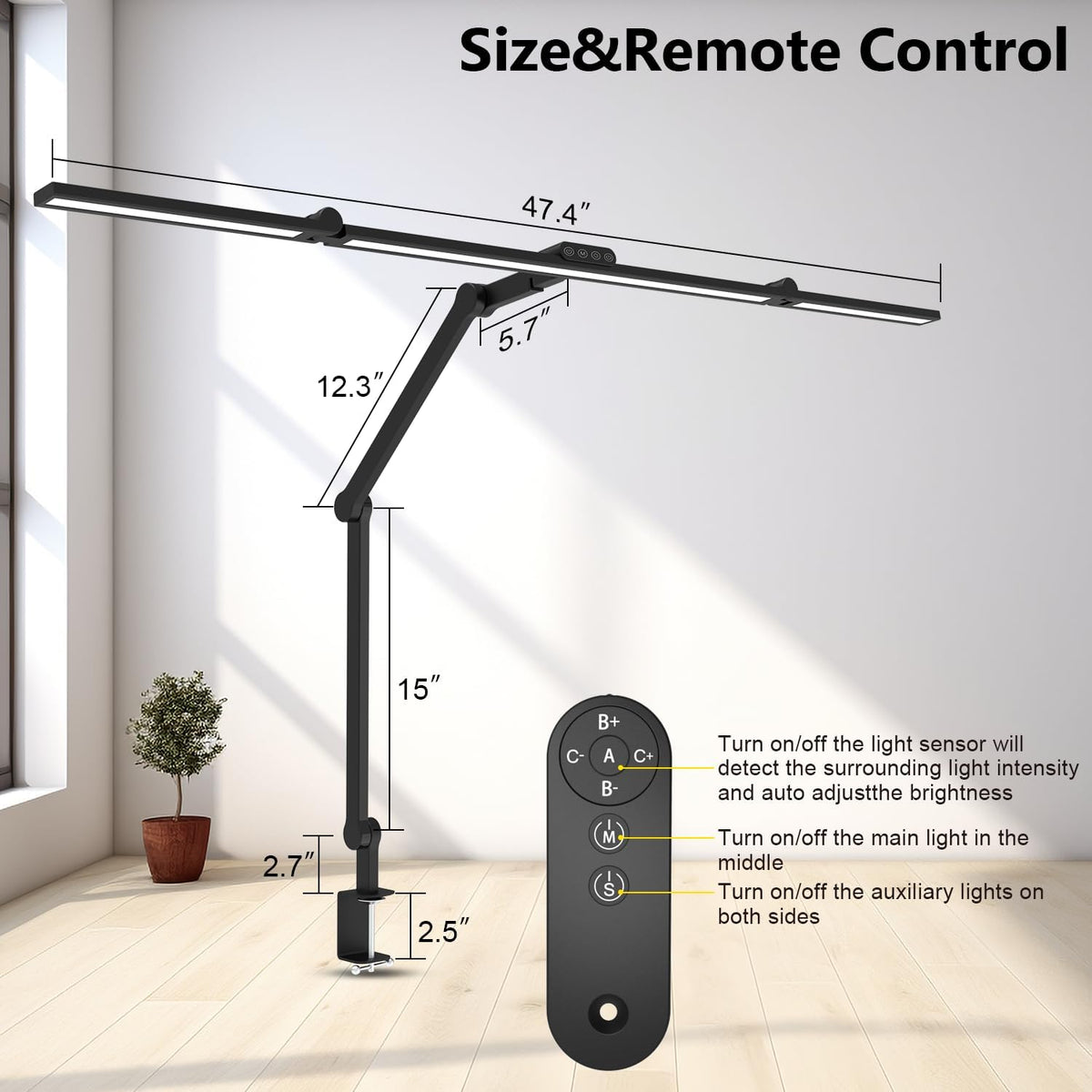 3000 Lumen Ultra Bright Architect Desk Lamp with Clamp, 36W Tall Overhead Led Desk Light for Home Office, 47Inch Long Dimmable Computer Monitor Light Bar with Remote for Table Desktop Drafting