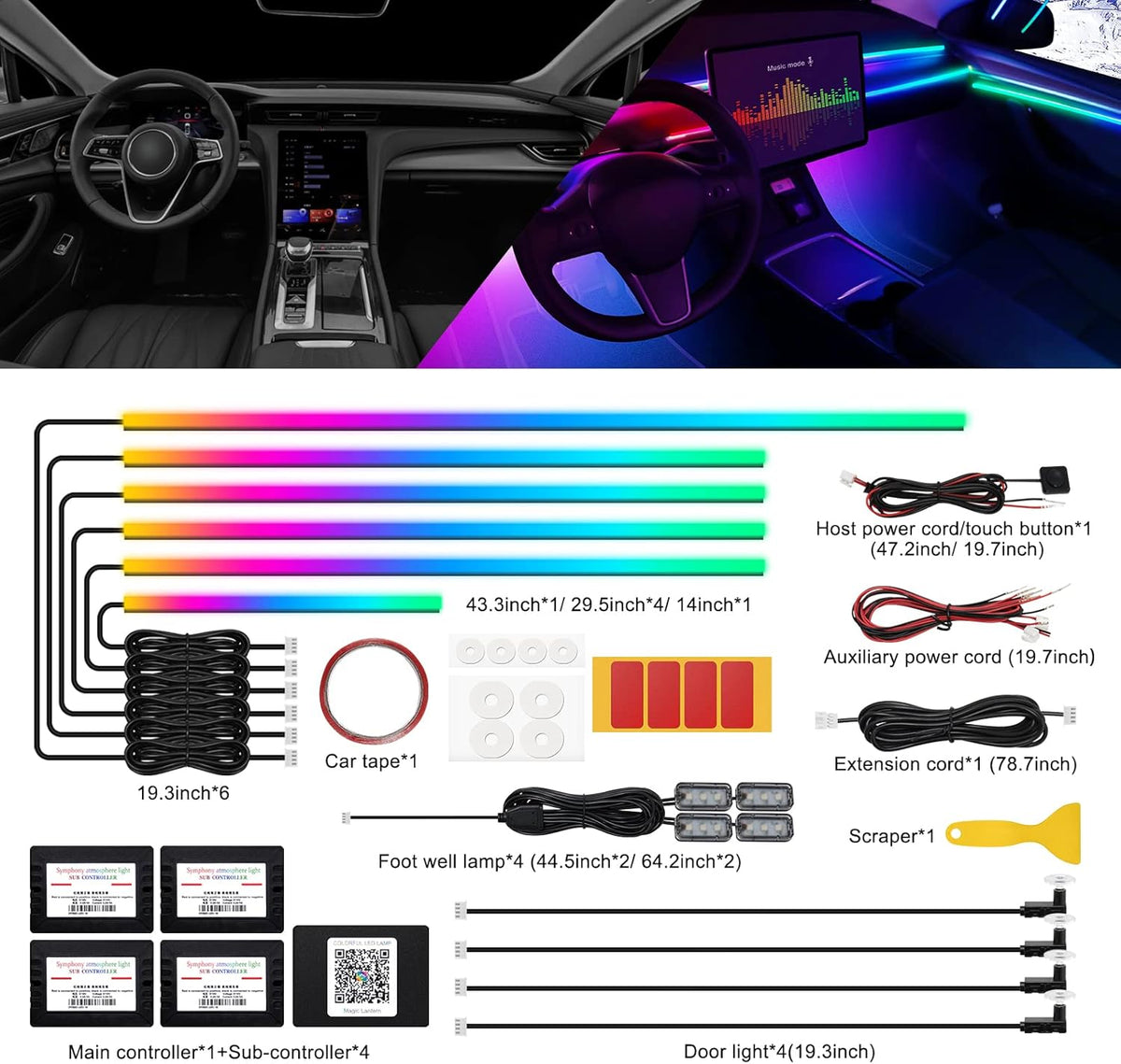 Dreamcolor Acrylic Interior Car LED Strip Light with Wireless APP, RGB 14 in 1 with 175 inches 593 LEDs Fiber Optic Ambient Lighting Kits, 16 Million Colors Sound Active Function Car Neon Lights