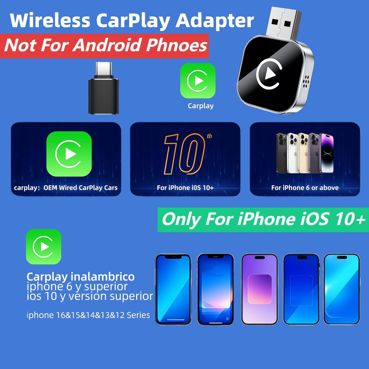 Wireless CarPlay Adapter for iPhone, Convert Wired to Wireless CarPlay Adapter, Mini Size with Extension Cable USB & USB-C/Type-C, Stable Car Control & No Delay