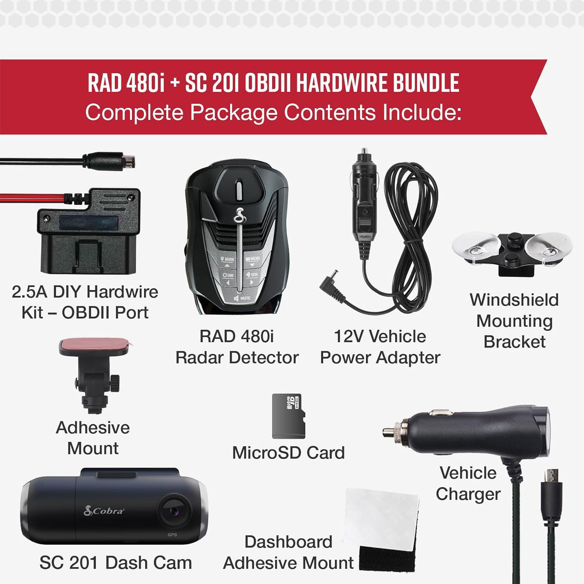 Cobra RAD 480i Radar Detector & SC 201 Smart Dash Cam + 2.5A OBD Port to Micro USB DIY Easy Hardwire Kit: Long Range Rapid Radar Detection, Full HD 1080P Video + 16GB SD Card, Built-in WiFi & GPS