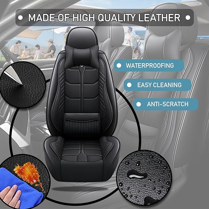 Leather Car Seat Covers Fit for Toyota RAV4 EV 2012-2013, 5 Seater Car Seat Cover, Premium Waterproof, Scratch Resistant Car Interior Accessories (Full Set with Pillow Black)