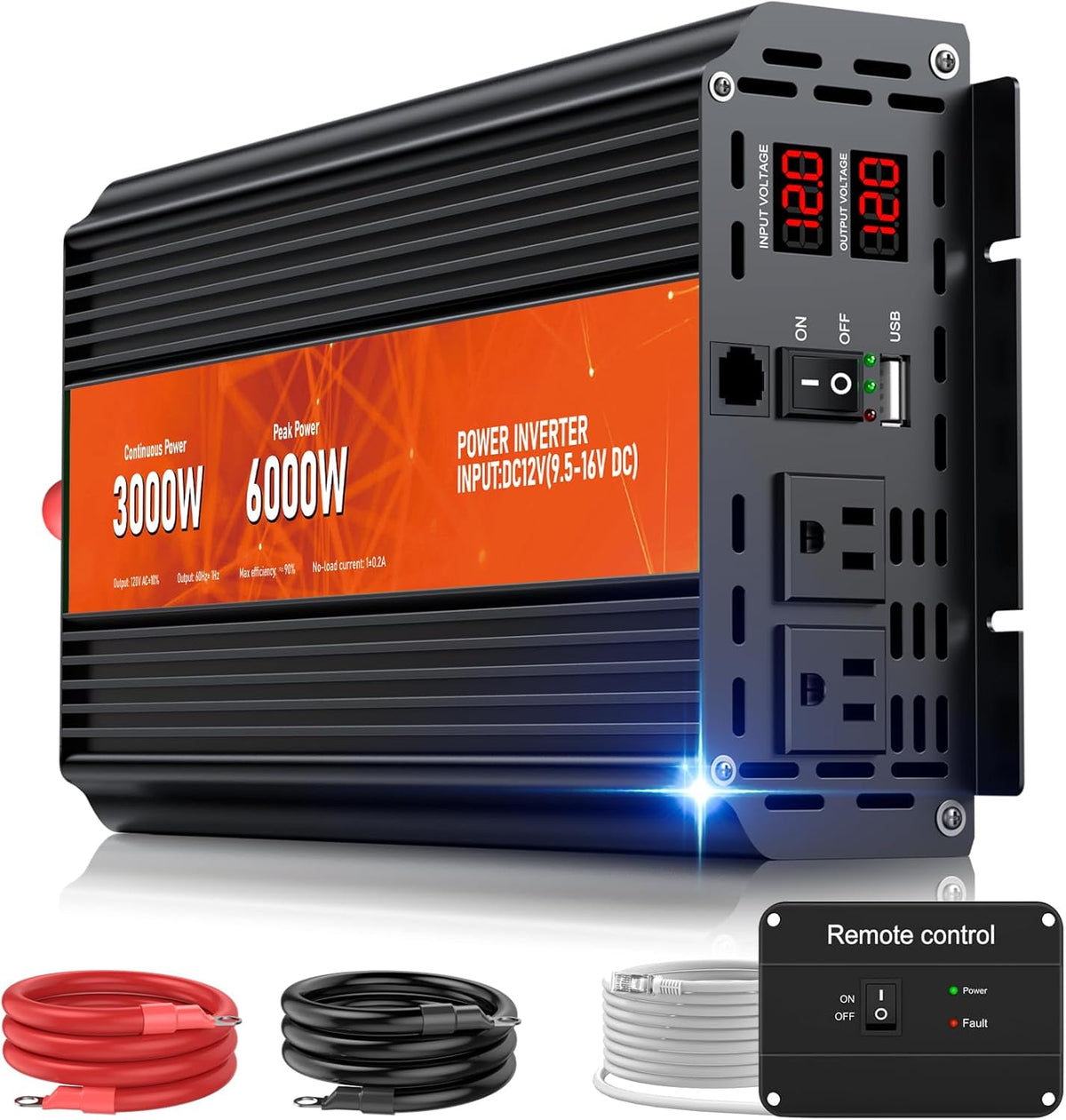 3000W Power Inverter,Peak Power 6000W 12V DC to AC 110V120V,Remote Control with 2AC Outlets and 2.4USB Port,LCD Display for Power Converter,Outdoor Activities,Emergency,Vehicles Truck RV Solar System