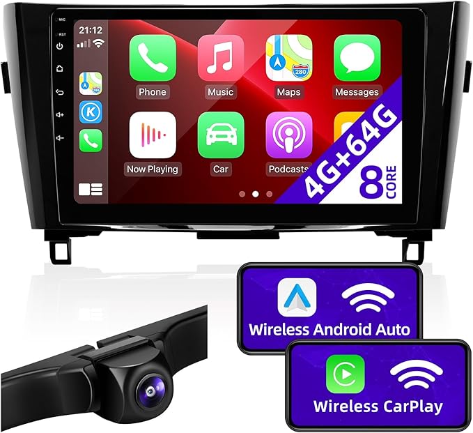 Android Car Radio Compatible with Android Auto Wireless Carplay for Nissan Rogue X-Trail Qashqai 2014-2018 8core 1280X720 Touchscreen Stereo Bluetooth GPS Navigation Head Unit (4GRAM64GROM)