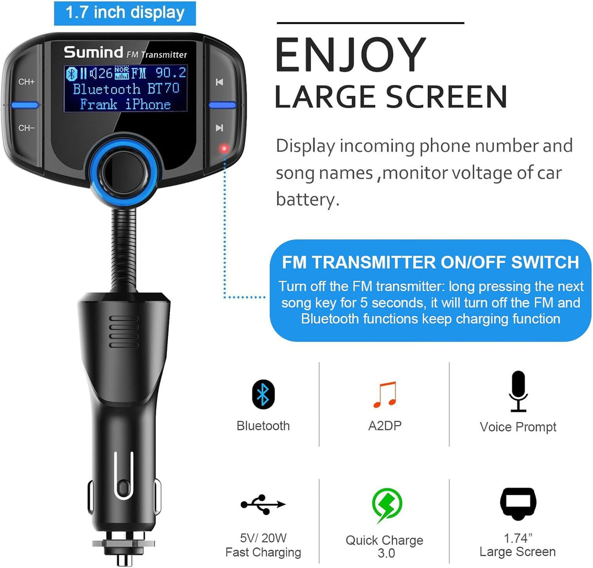 Upgraded Bluetooth FM Transmitter, Wireless Radio Adapter Hands Free Car Kit with 1.7'' Display, QC3.0 and Smart 2.4Amp Dual USB Ports, AUX Input/Output, TF Card Mp3 Player (PD, Black)