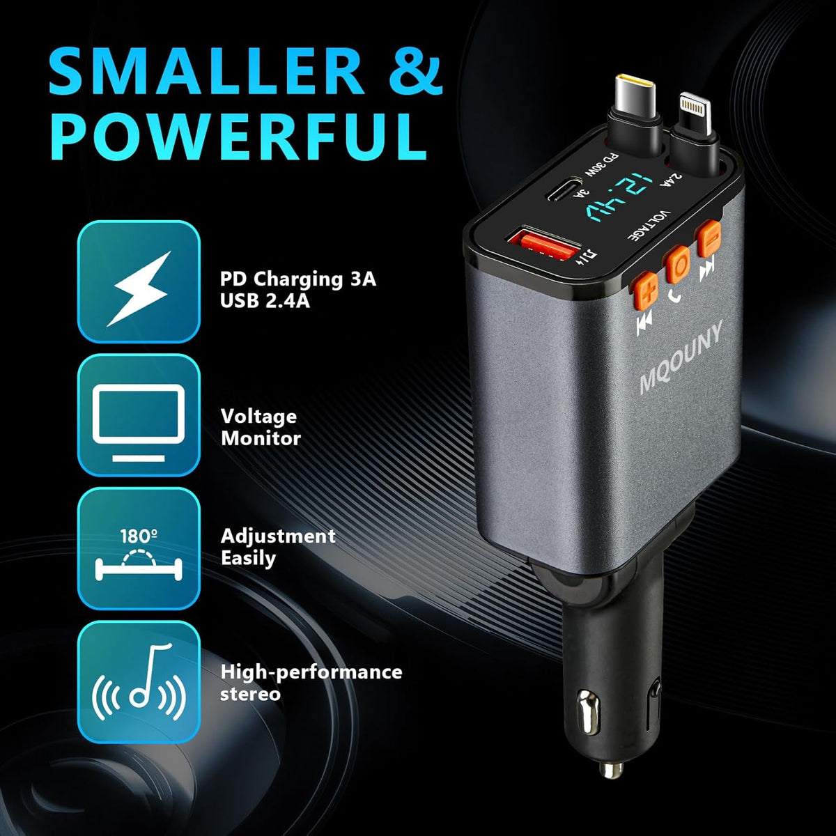 Retractable Car Charger,5 in 1 Fast Cars Phone Charger 60w,Bluetooth 5.3 FM Transmitter Adapter,Handsfree Call,MP3 Player,2 Retractable Cables and USB Chargers, for Phone,Galaxy,Pixel (Black)