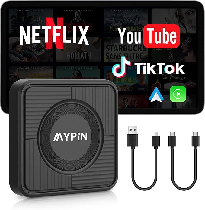 Upgraded Wireless CarPlay Adapter, 3-in-1 Wireless Carplay & Android Auto& Video Adapter, Built in Netflix YouTube Support TF Card, Plug & Play, USB Type C, USB Type A Compatible with iPhone & Android