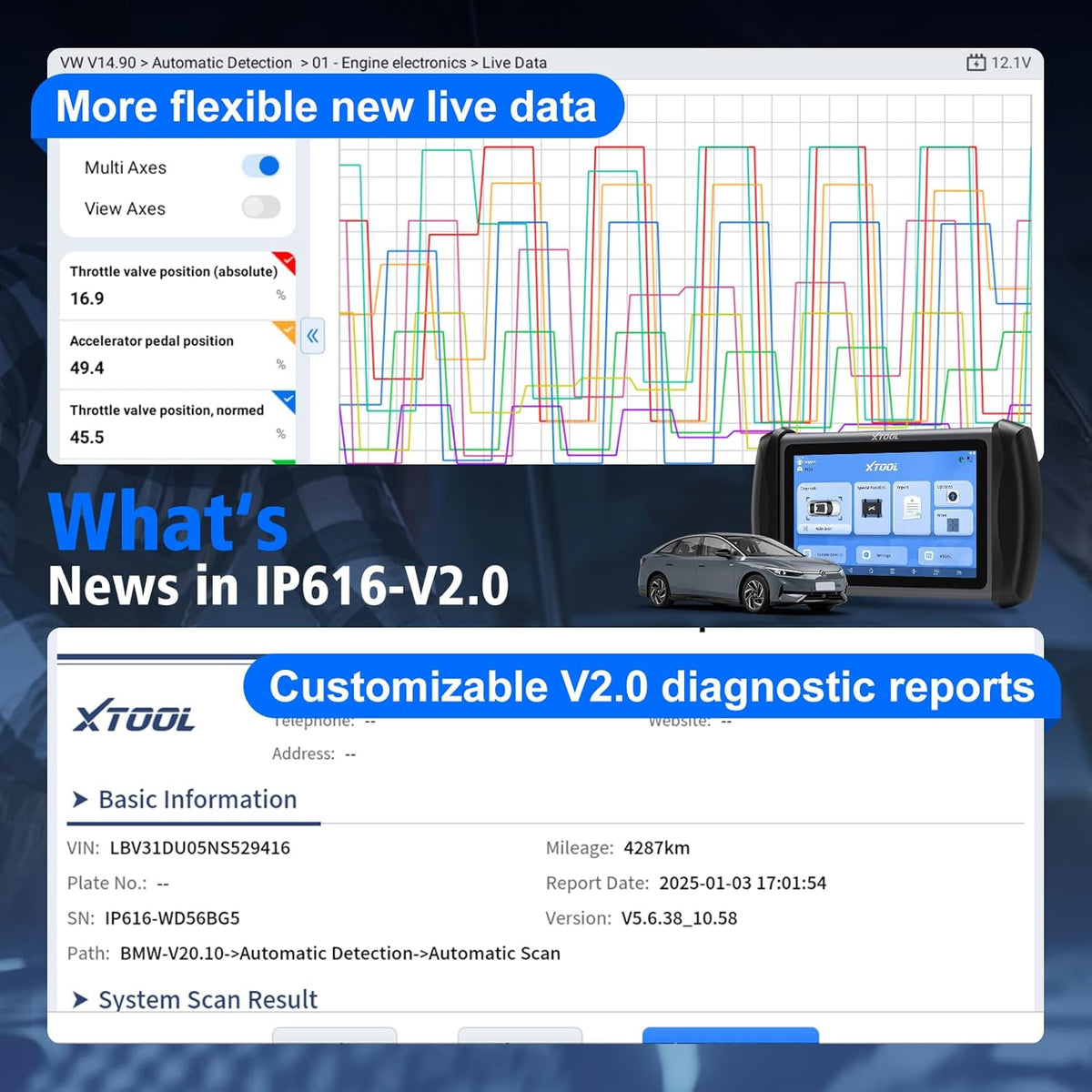 XTOOL IP616 V2.0 OBD2 Scanner Diagnostic Tool with 34+ Resets, Lifetime Free Update Scanner for Car, CAN FD & DoIP, ECU Configuration, Full Systems Scan Tool, Android 10