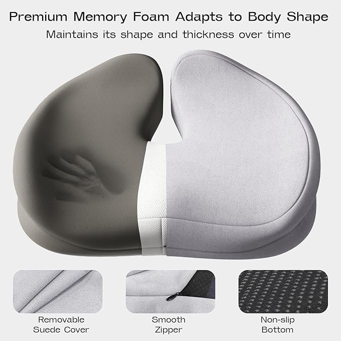 Seat Cushions for Office Chairs - Patented Extra Large Seat Cushion 21.2" W x 16.5" L - Memory Foam Seat Cushion for Tailbone Pain Relief, Sitting Pressure Relief (Light Grey)