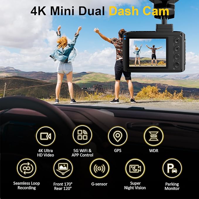 Dash Cam Front and Rear: 4K+2.5K Dual Channel Dash Cam-5GHz WiFi, GPS Dash Camera for Cars with 64GB Card, 2.0" IPS Screen, App Control,G-Sensor,Loop Recording,170°Wide Angle,Night Vision,Parking Mode