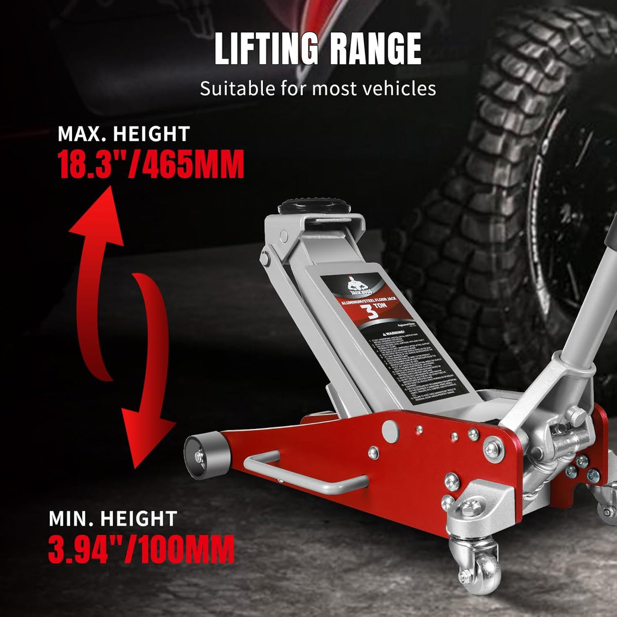3 Ton Low Profile, Aluminum and Steel Racing Floor Jack with Dual Pistons Quick Lift Pump for Sport Utility Vehicle, Lifting Range 3-15/16" min to 18-5/16" max, Net Weight 58.5 lb, Red