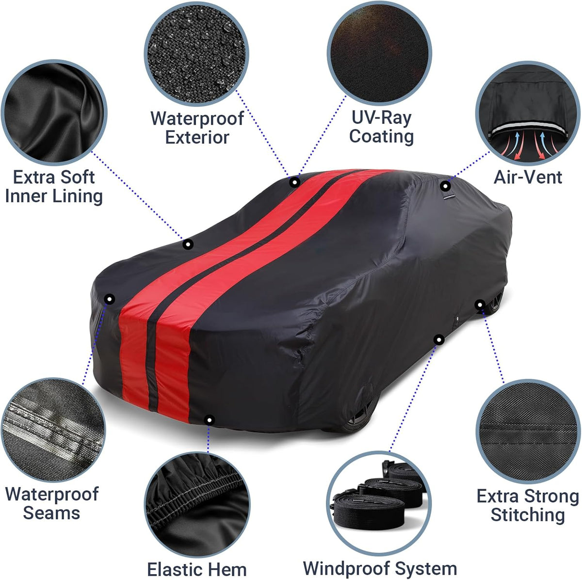 iCarCover Custom Car Cover for Buick Apollo (1973-1975) Waterproof All-Weather Rain Snow UV Sun Protector Full Exterior Indoor Outdoor Car Cover (Stripe - Black/Red)