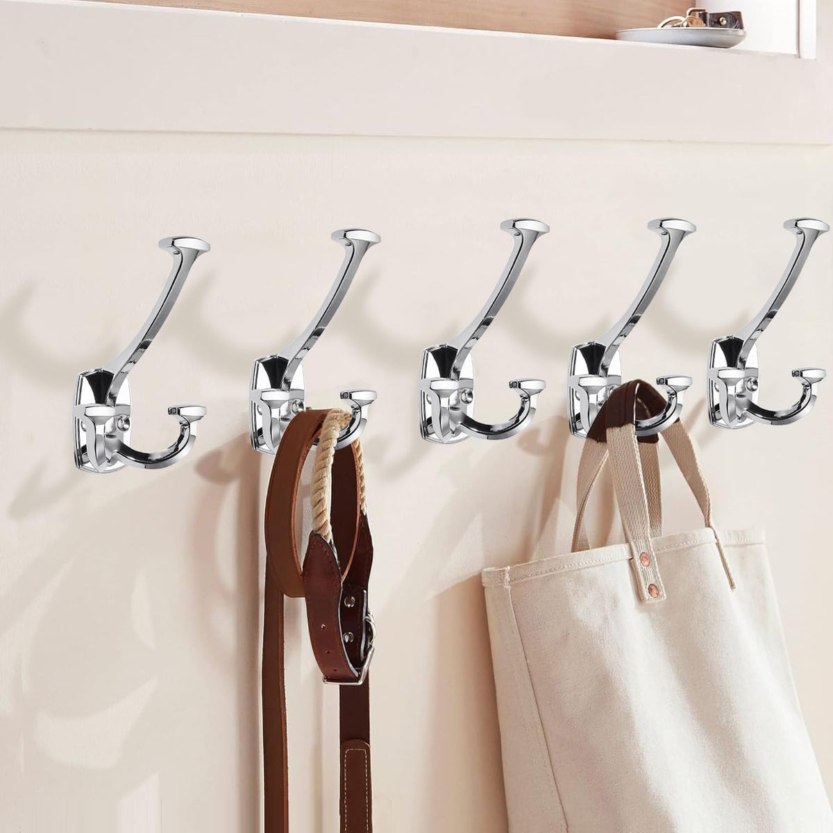 Large Wall Double-Sided Hook 5 Pack Polished Chrome Hook Decorative Heavy Duty Solid Large Coat Hooks for Towel Hanging Coats Robe Towel Bags Door Back 2 Prong Hooks