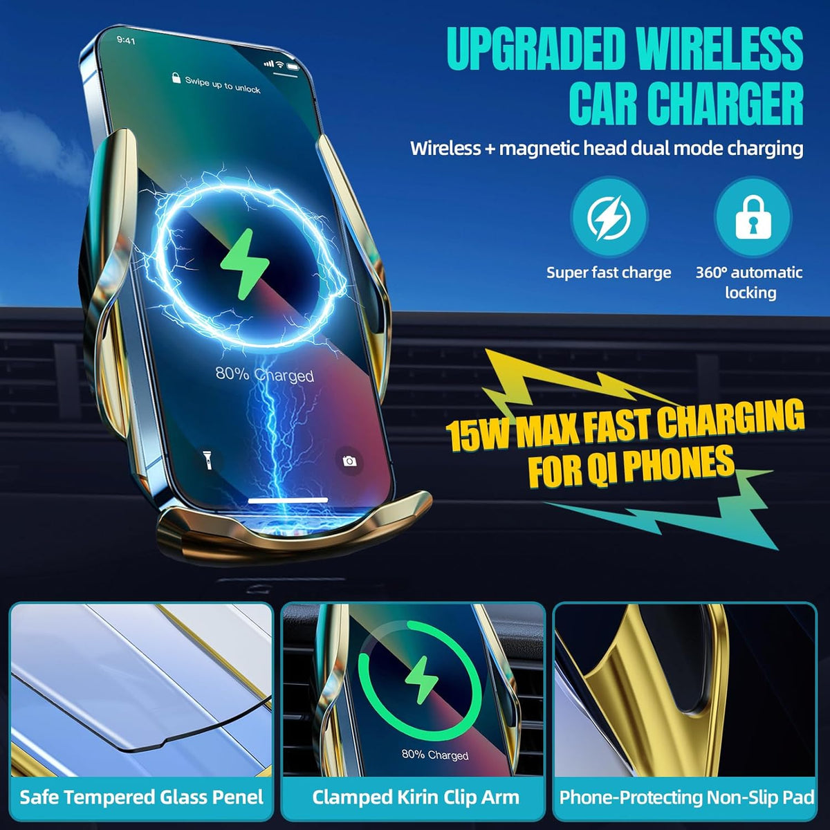 Wireless Car Charger, MAX 15W Fast Charging Auto Clamping, Sensing Phone Holder Mount, fit for iPhone 16 15 14 13 12 Pro Max Xs X, Samsung Galaxy S24 Ultra S23 S22 S21 S20 Note20 (5-Golden)