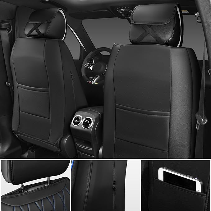 CAR PASS Luxury PU Leather Two Front Car Seat Covers, Waterproof Seat Covers Compatible with Front Seat Armrests, Airbag Compatible Anti- Slip Universal Fit for Cars Suvs Vans Trucks Black Blue