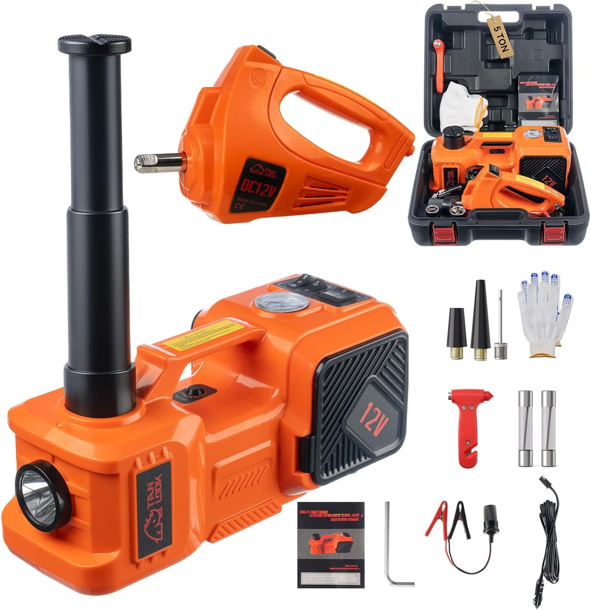 Electric Car Jack Kit with Hydraulic Lift 5-Ton, Tire Inflator & Impact Wrench Heavy-Duty 12V Floor Jack for Sedans,SUVs,MPVs & Trucks.Ideal for Tire Changes & Garage Repairs (with Electric Wrench)