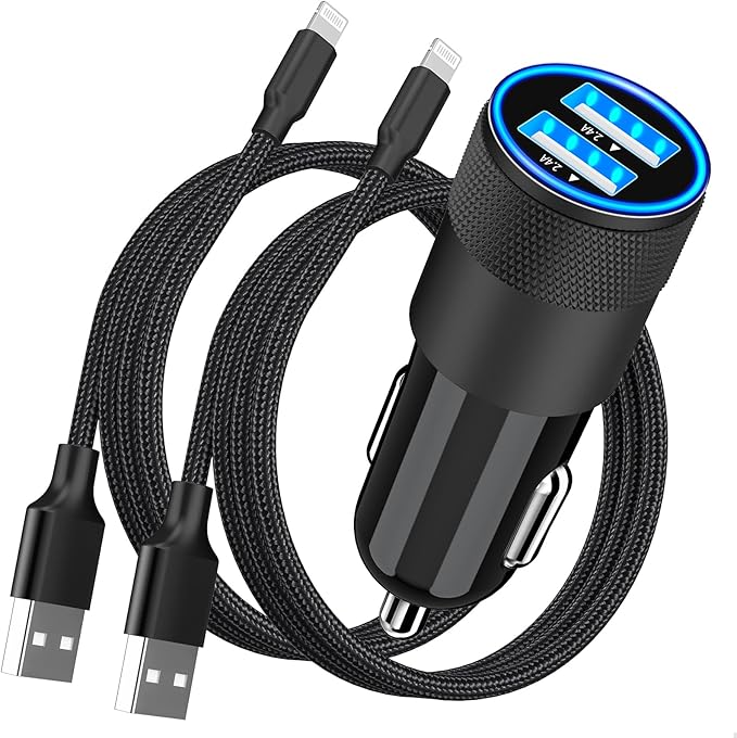 【MFi Certified】iPhone Car Charger Fast Charging, Rombica 4.8A Dual USB Smart Power Cigarette Lighter USB Car Charger with 2Pack Lightning Braided Cable for iPhone 14 13 12 11 Pro XS Mini XR X SE iPad