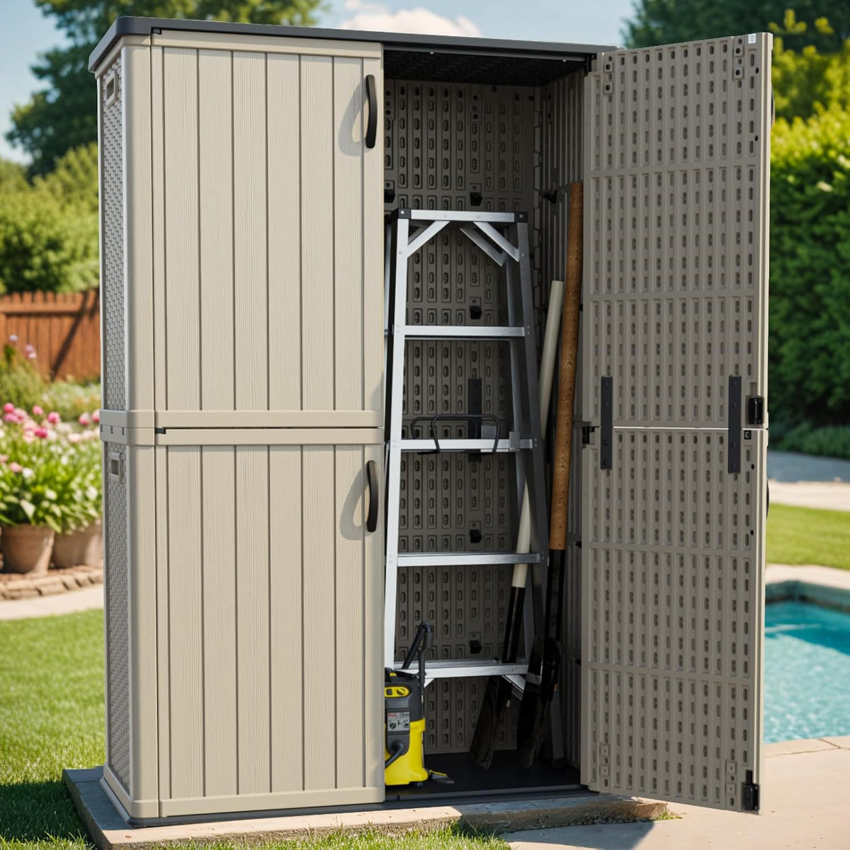 Patiowell 50 cu.ft Plastic Outdoor Storage Shed, Lockable Waterproof Resin Storage Cabinet Vertical Storage Shed for Garden Tools, Garbage Cans, Pool Supplies, Beige(Not Include Shelves)