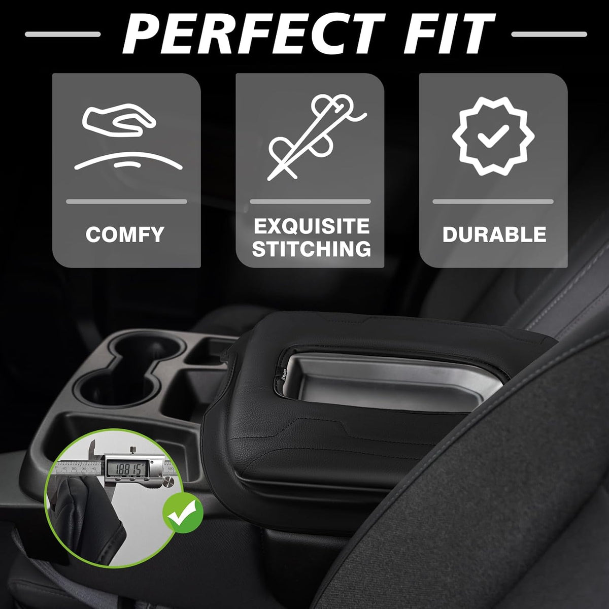 Muslogy Center Console Armrest Cover Compatible with Chevy Silverado & GMC Sierra 2019-2025 Comfort Armrest Pad Arm Rest Cushion Vegan Leather Protector 1-Inch Extra Thick(Jump Seat ONLY)