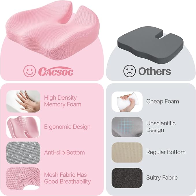 Seat Cushion, Extra Large Memory Foam Cushion for Office Chair Cushions, Ergonomic Cushions Pad Pillow for Pressure Relief Sciatica & Pain Relief for Long Sitting, Pink