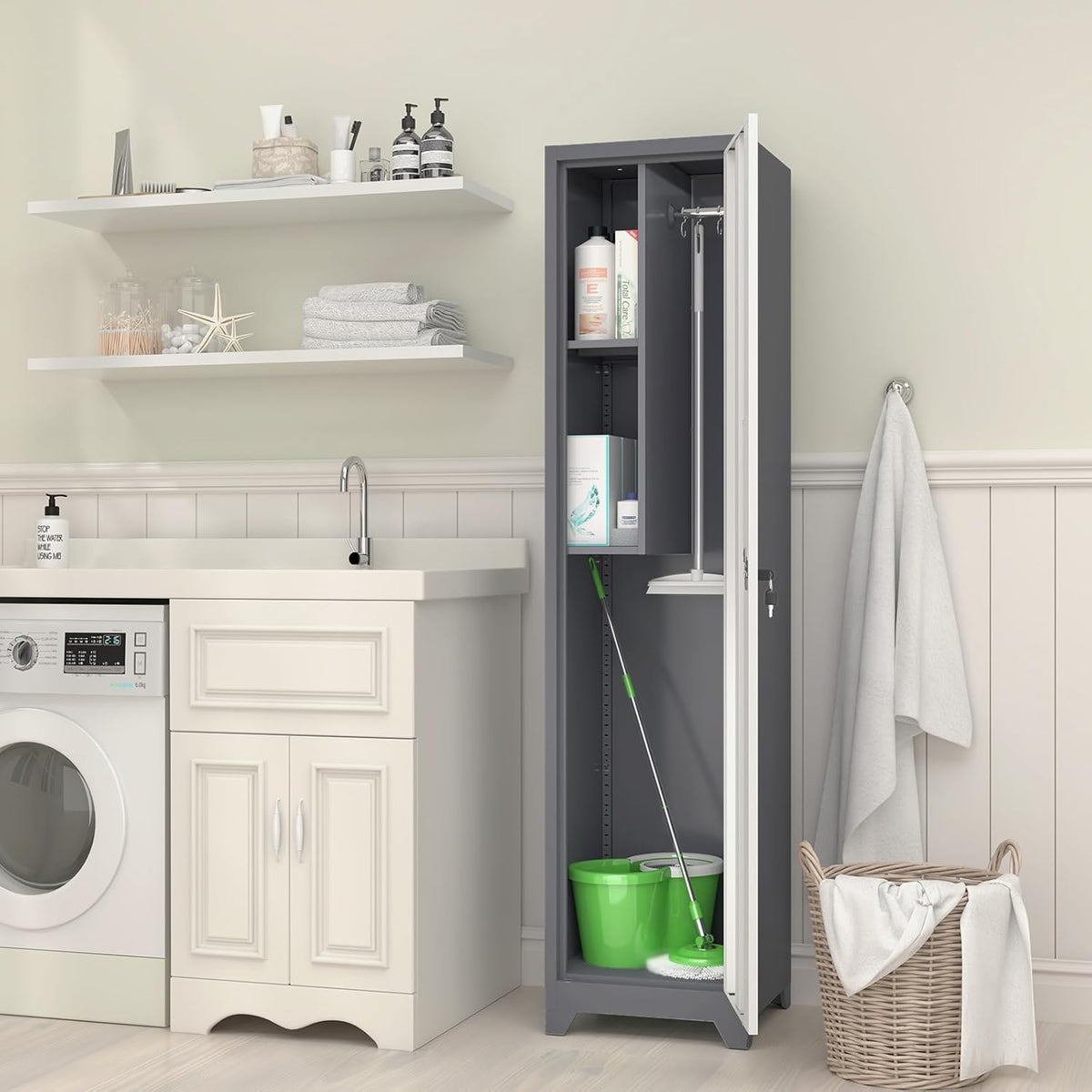 GREATMEET Slim Lockable Garage Storage Cabinet, Narrow Broom Storage Closet, 65" Metal Cleaning Tool Cabinet with Lock and Door,Utility Cabinets for Brooms and Mops for Laundry Room, White&Grey