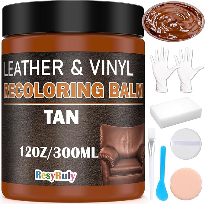 Saddle Tan Leather Dye Light Brown Recoloring Balm Repair Kit Vinyl Car Seat Interior Paint Furniture Couch Recliner Chair Boot Jacket Shoe Bag Purse Color Restorer Fading Scratch Stain Remover