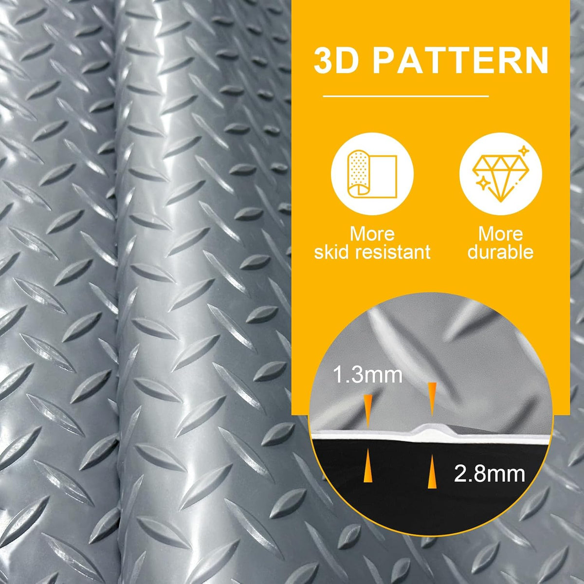 4x6 FT Garage Floor Mat, 2 Rolls 2.8mm Thickened Flooring Roll 48 sqft Diamond Plate PVC Rubber Trailer Mat, Non-Slip Floor Mat for Garage, Warehouse, Gyms, Boats, Pickup Truck, Gray