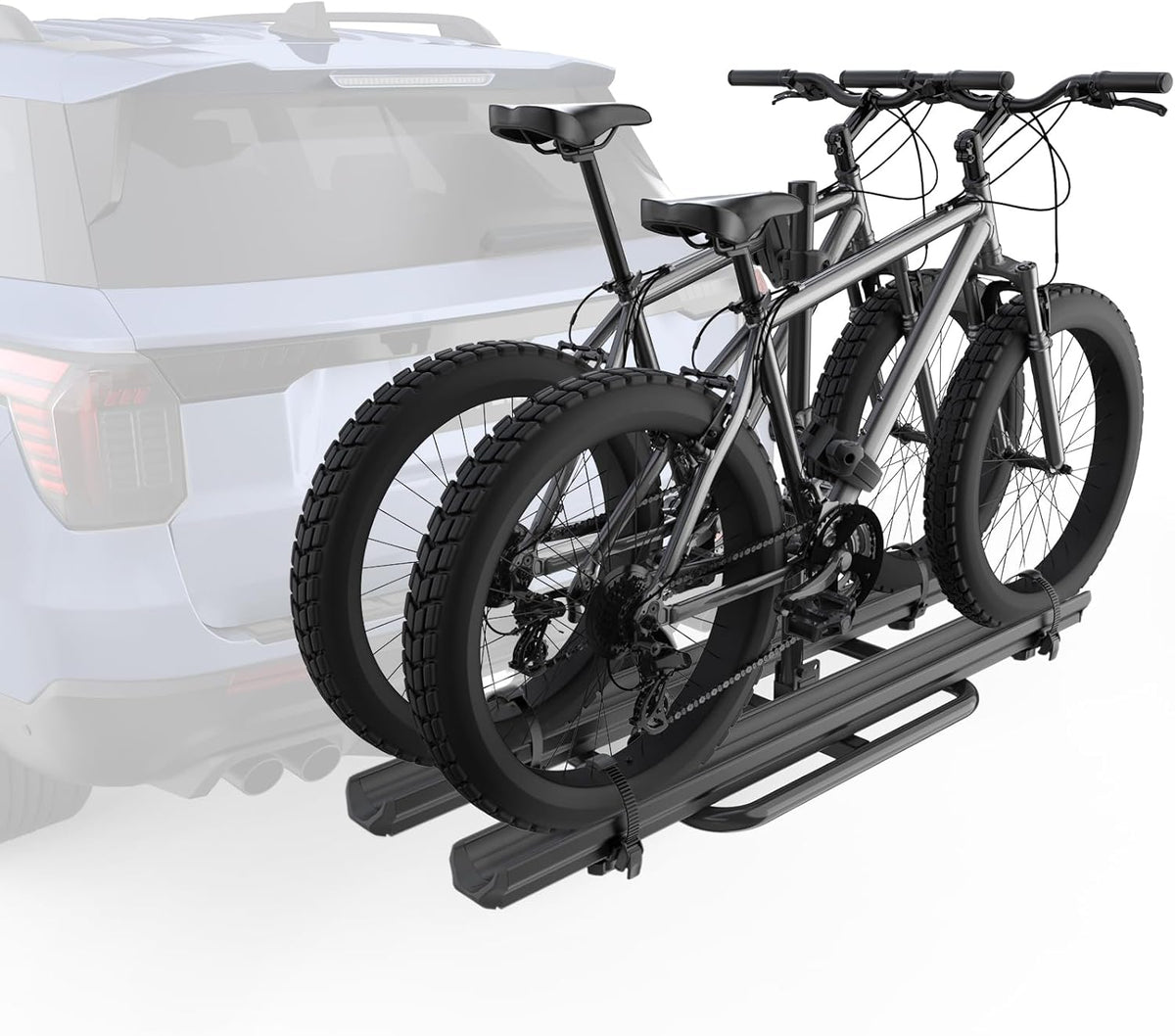 Aluminum 2 EBikes Rack Foldable 2'' Hitch Mounted Carrier Racks w/Ramps Over 200lbs Capacity for 5 inch Fat Tire Heavy Duty Universal E-Bike Racks for SUVs Cars Trucks RV 2-Inch Receiver