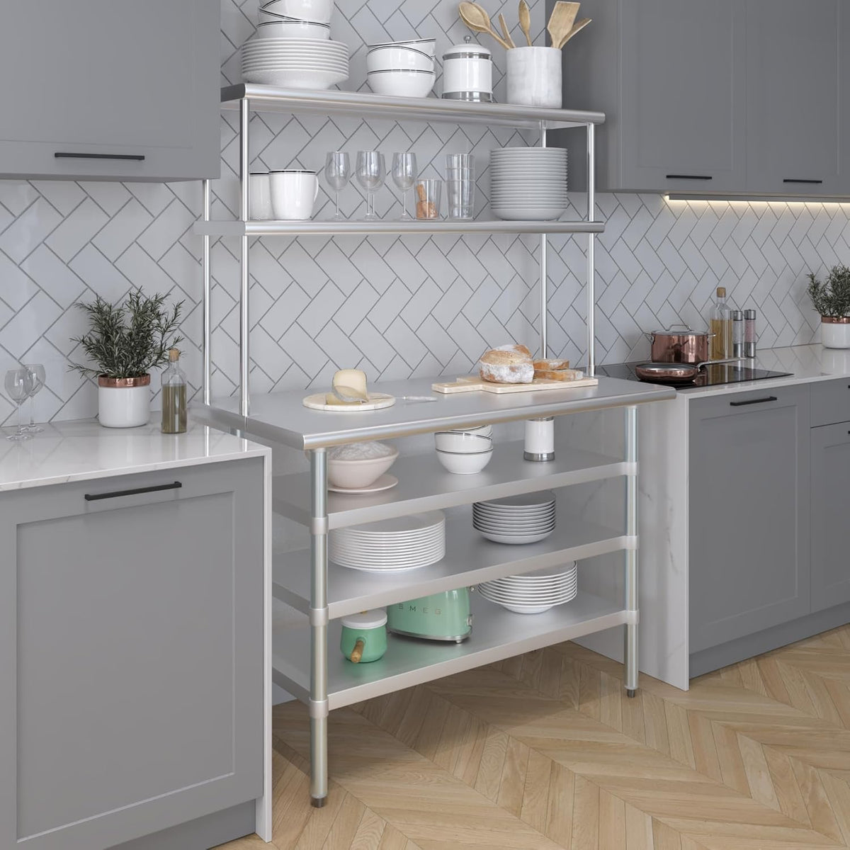 Amgood (24" x 48" Stainless Steel Work Table with 3 Shelves and 12" Wide Double Tier Overshelf | Metal Kitchen Prep Table & Shelving Combo | NSF