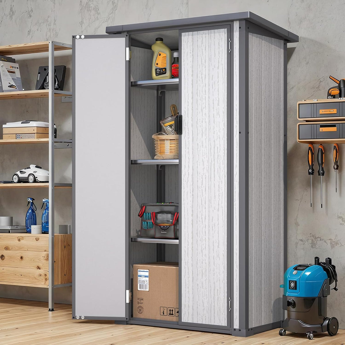 AECOJOY Resin Outdoor Storage Cabinet Waterproof with Adjustable Shelves, Vertical Tall Plastic Storage Shed with Reinforced Floor, All Weather Sheds & Outdoor Storage Clearance with Base for Outside